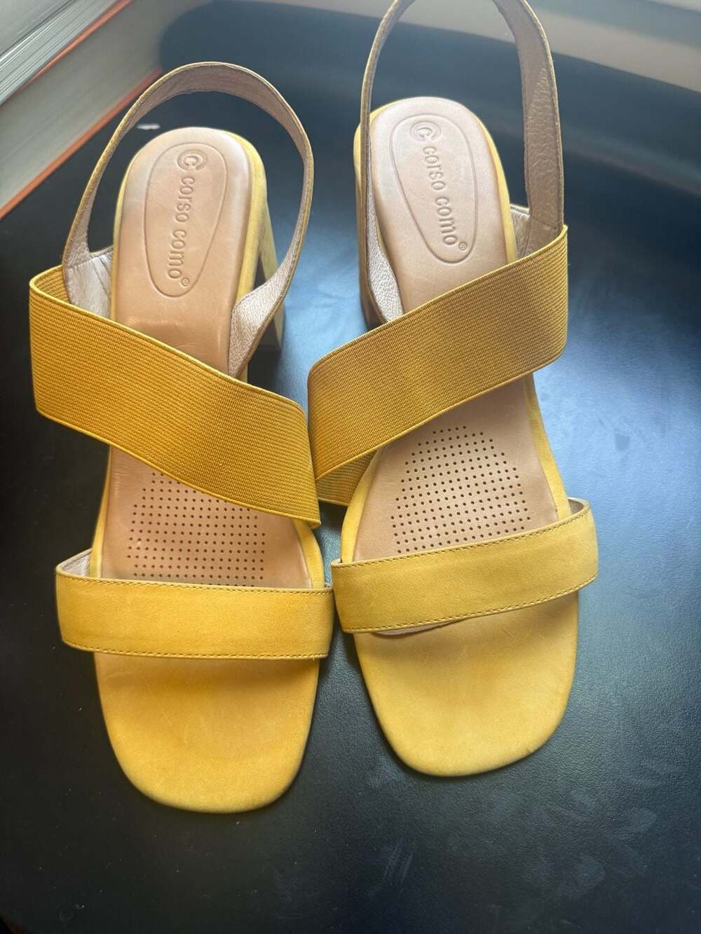 Corso Como Women's Yellow Suede Elastic Cross-Strap Block Heel Slingback Sandals